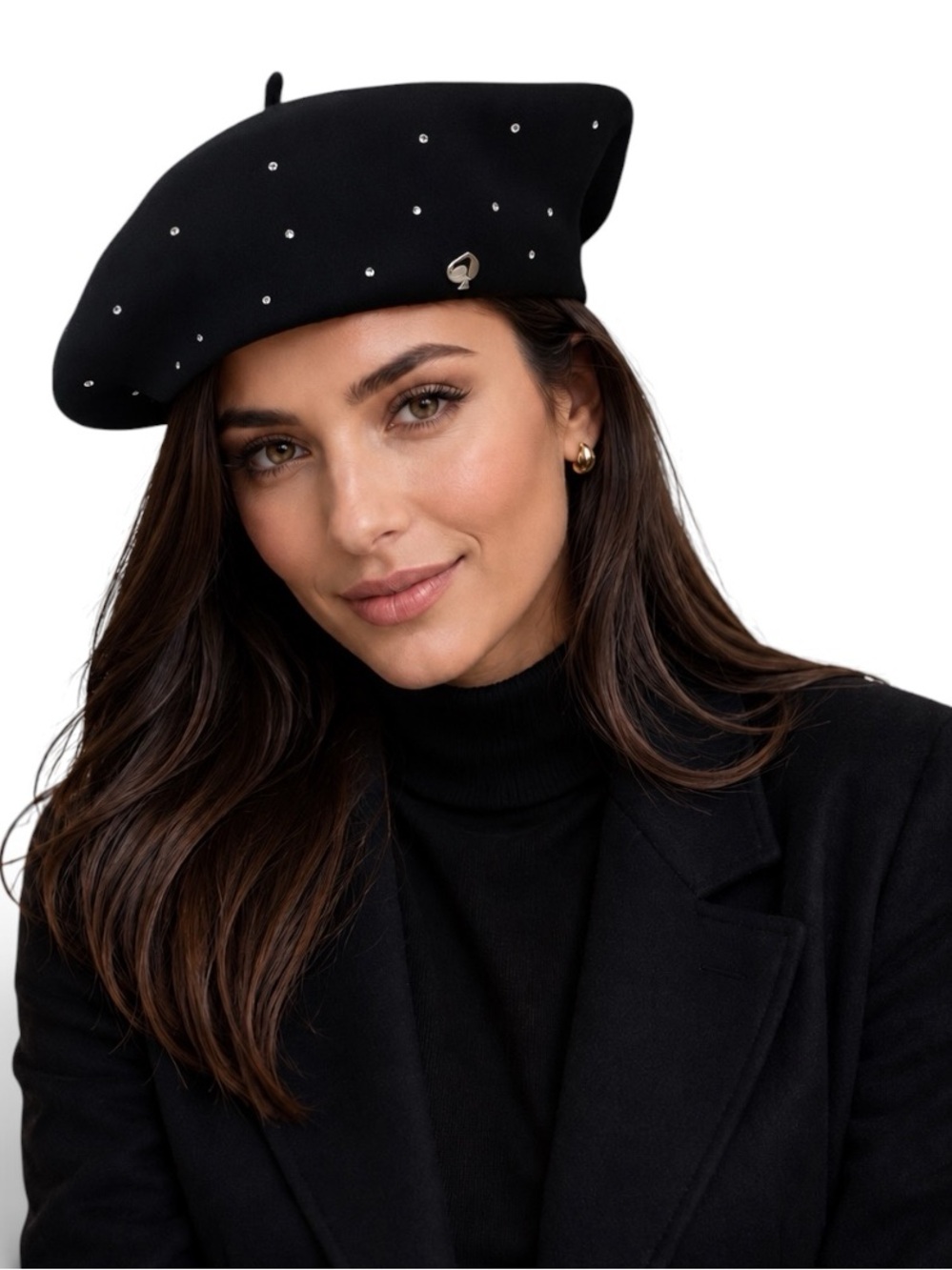 Kate Spade New York Black Wool Crystal Embellished Beret Hat One Size NWOT